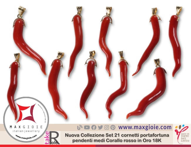 Nuova Collezione Set 21 cornetti portafortuna pendenti medi Corallo rosso in Oro 18K