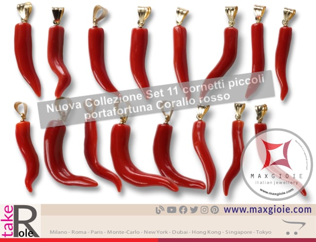 Nuova Collezione Set 11 cornetti piccoli portafortuna Corallo rosso design napoletano in Oro 18K