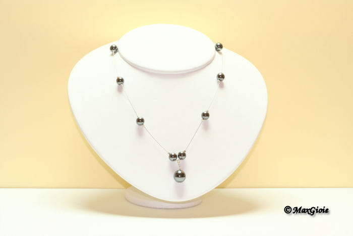 MAXGIOIE - Collana ematite acciaio pallini 8mm in Argento id17