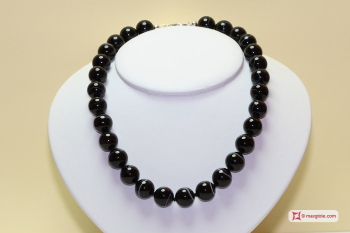 MAXGIOIE - Collana Agata nera striata pallini 14mm in Argento