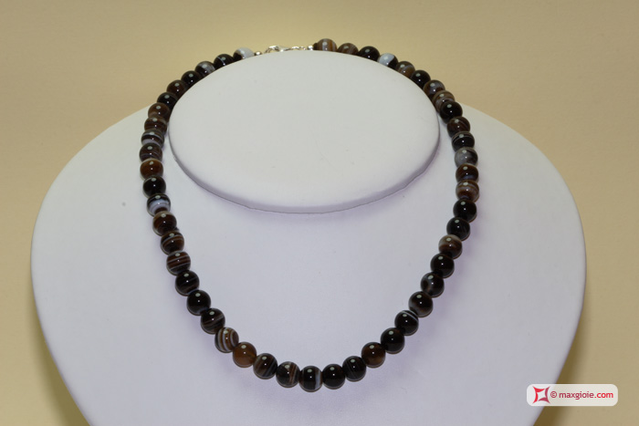 MAXGIOIE - Collana Agata nera striata pallini 8mm in Argento