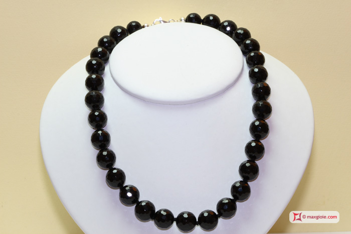 MAXGIOIE - Collana Agata nera faccettata pallini 14mm in Argento