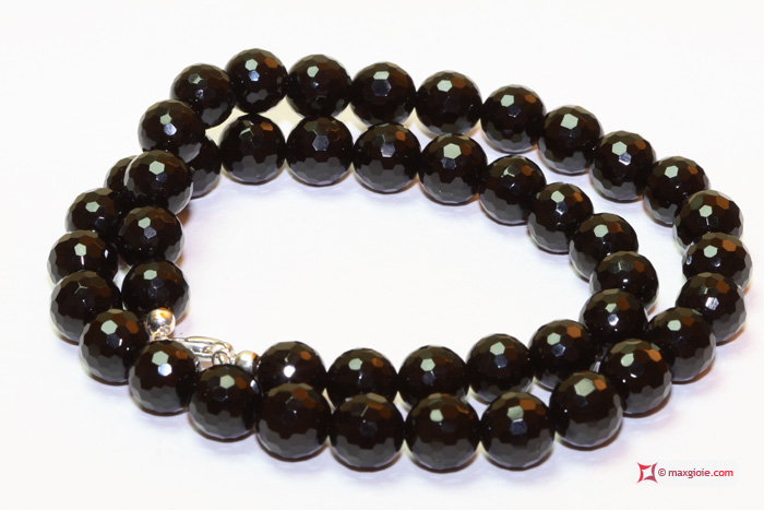 MAXGIOIE - Collana Agata nera faccettata pallini 10mm in Argento