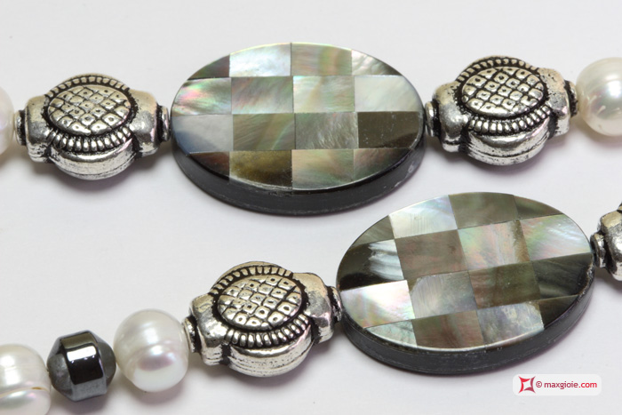 MAXGIOIE - Collana e Orecchini Perle, Ematite e Madreperla in Argento Id11