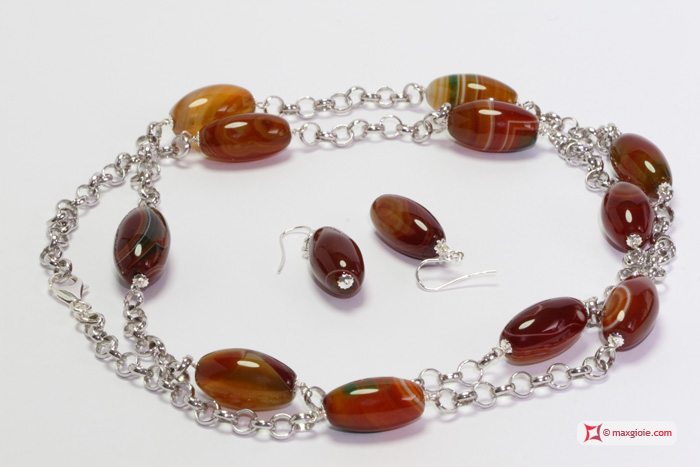 MAXGIOIE - Collana e Orecchini Corniola 25x13mm catena in Argento