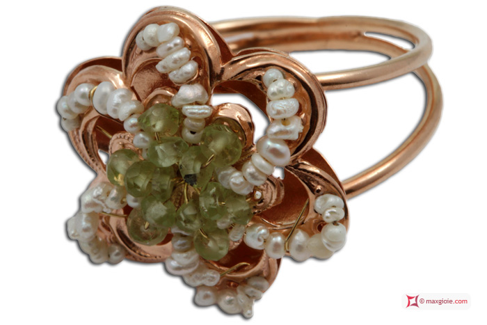 MAXGIOIE - Anello Vintage Toppa [Peridoto, Perle] in Argento 925 placcato Oro