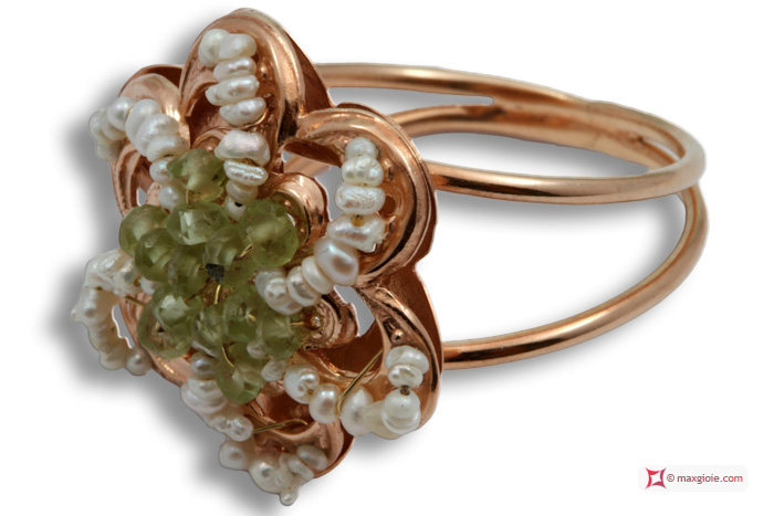 MAXGIOIE - Anello Vintage Toppa [Peridoto, Perle] in Argento 925 placcato Oro