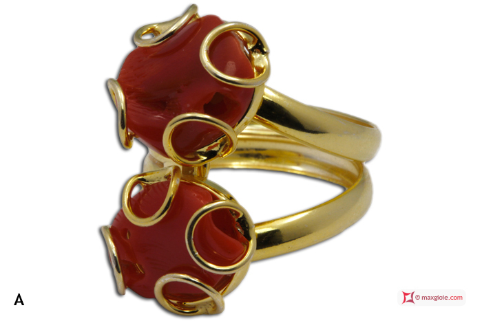 MAXGIOIE - Anello Corallo rosso 2 spole in Argento 925 placcato Oro [scelte multiple]