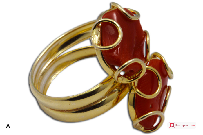 MAXGIOIE - Anello Corallo rosso 2 spole in Argento 925 placcato Oro [scelte multiple]