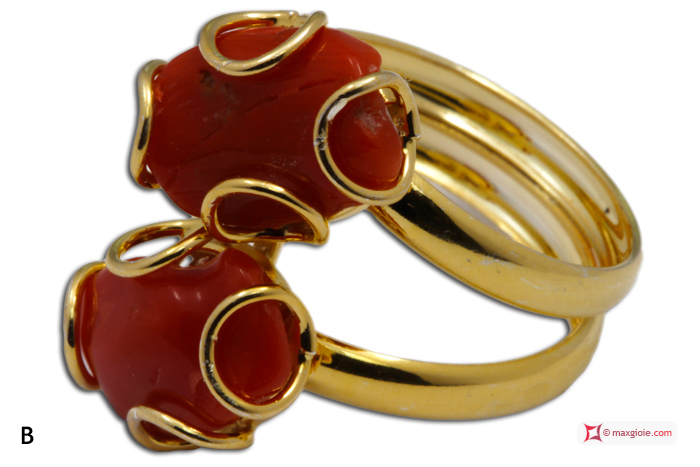 MAXGIOIE - Anello Corallo rosso 2 spole in Argento 925 placcato Oro [scelte multiple]