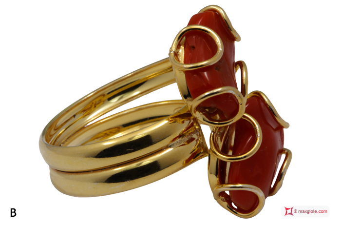 MAXGIOIE - Anello Corallo rosso 2 spole in Argento 925 placcato Oro [scelte multiple]