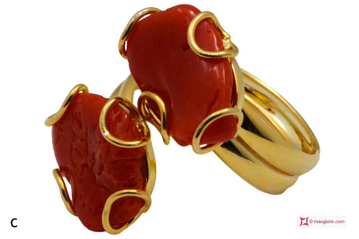 MAXGIOIE - Anello Corallo rosso 2 spole in Argento 925 placcato Oro [scelte multiple]