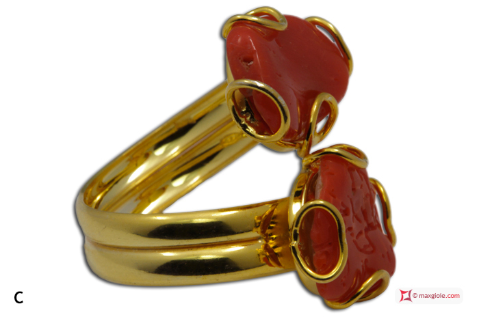 MAXGIOIE - Anello Corallo rosso 2 spole in Argento 925 placcato Oro [scelte multiple]