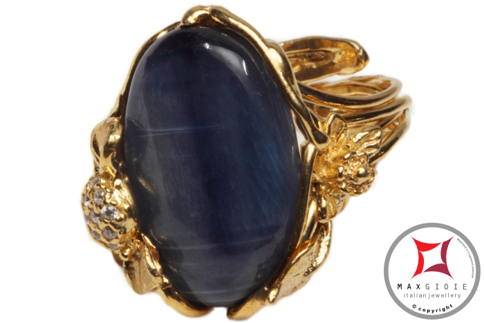 MAXGIOIE - Anello etrusco Kyanite Zirconi Foglie in Argento 925 placcato oro id0036