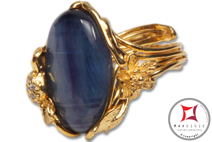 Dettaglio - Details MAXGIOIE - Anello etrusco Kyanite Zirconi Foglie in Argento 925 placcato oro id0036