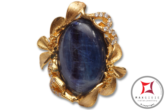 MAXGIOIE - Anello etrusco Kyanite Zirconi Foglie in Argento 925 placcato oro id0037