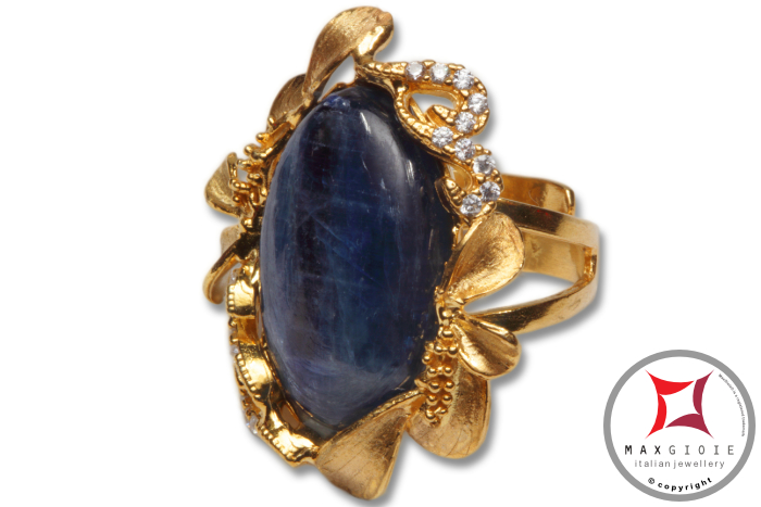 Dettaglio - Details MAXGIOIE - Anello etrusco Kyanite Zirconi Foglie in Argento 925 placcato oro id0037