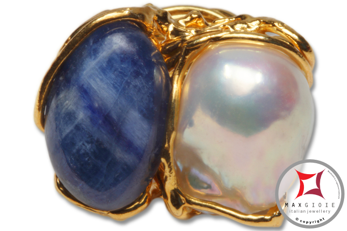 MAXGIOIE - Anello etrusco Kyanite Perle in Argento 925 placcato oro id0038