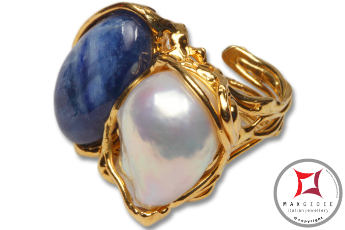 Dettaglio - Details MAXGIOIE - Anello etrusco Kyanite Perle in Argento 925 placcato oro id0038