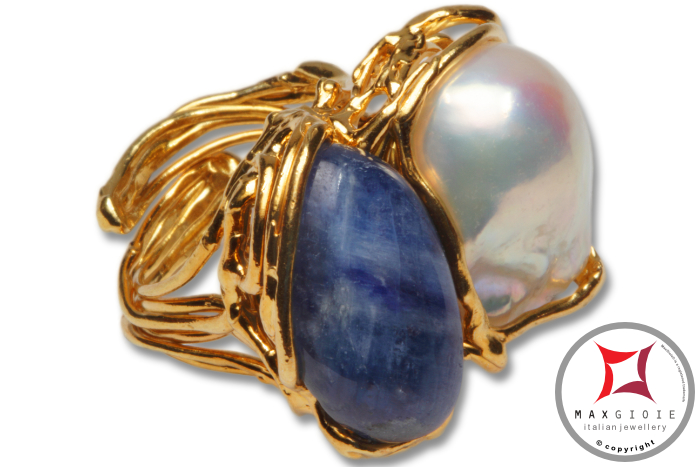 Vista Ulteriore - Additional View MAXGIOIE - Anello etrusco Kyanite Perle in Argento 925 placcato oro id0038