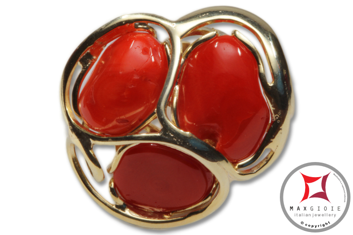 MAXGIOIE - Anello etrusco Corallo rosso Mediterraneo in Argento 925 placcato Oro id0041