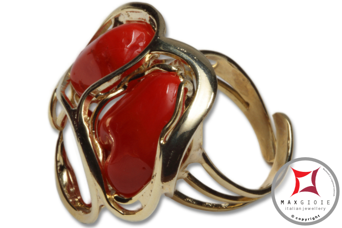 Dettaglio - Details MAXGIOIE - Anello etrusco Corallo rosso Mediterraneo in Argento 925 placcato Oro id0041