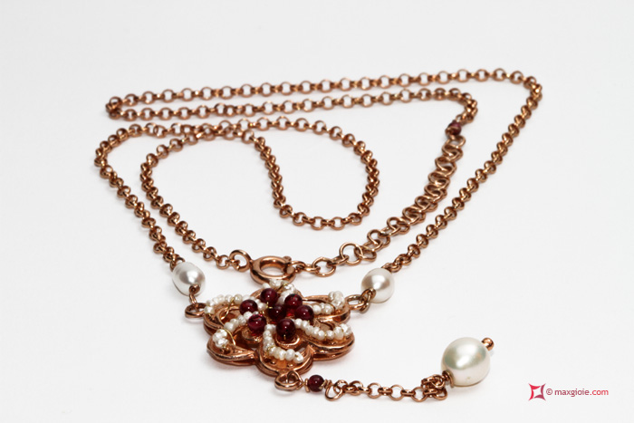 MAXGIOIE - Collana Vintage Toppa [Granato, Perle] in Argento 925 placcato Oro