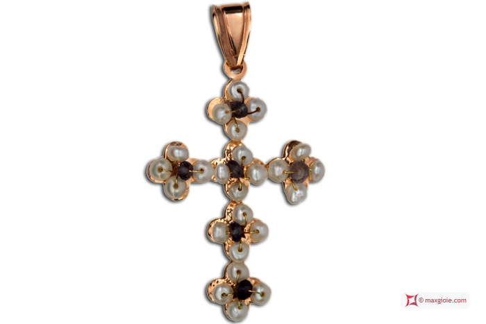 MAXGIOIE - Pendente Vintage Croce [Iolite, Perle] in Argento 925 placcato Oro