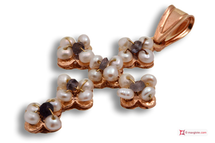 MAXGIOIE - Pendente Vintage Croce [Iolite, Perle] in Argento 925 placcato Oro