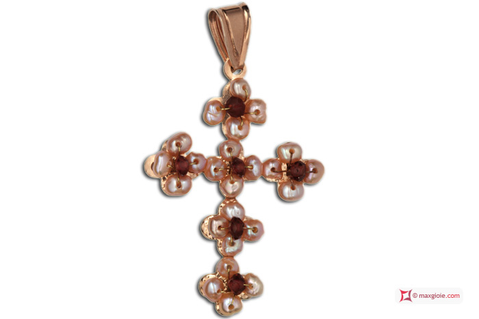 MAXGIOIE - Pendente Vintage Croce [Granato, Perle] in Argento 925 placcato Oro