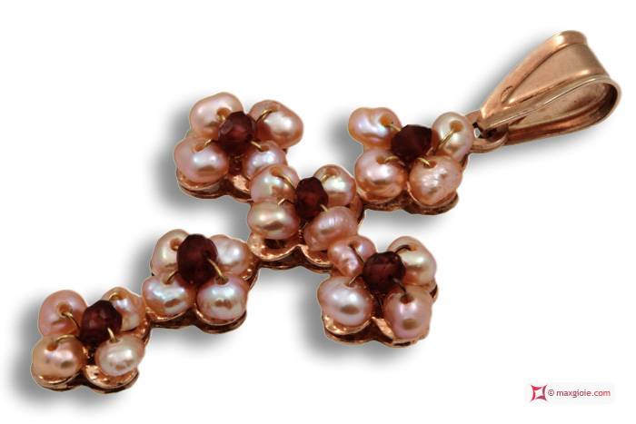 MAXGIOIE - Pendente Vintage Croce [Granato, Perle] in Argento 925 placcato Oro