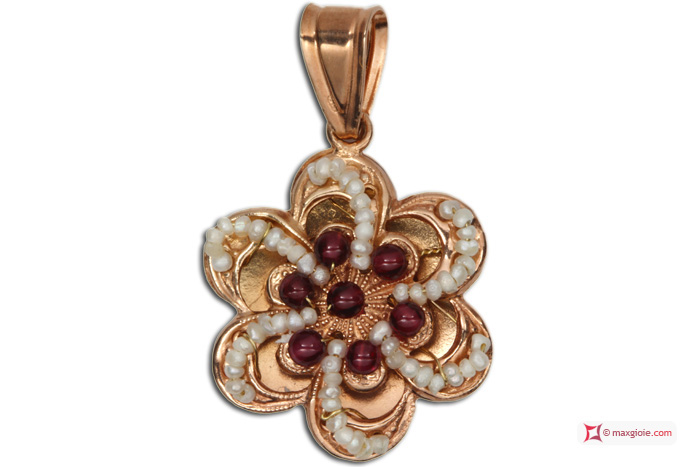 MAXGIOIE - Pendente Vintage Toppa [Granato, Perle] in Argento 925 placcato Oro