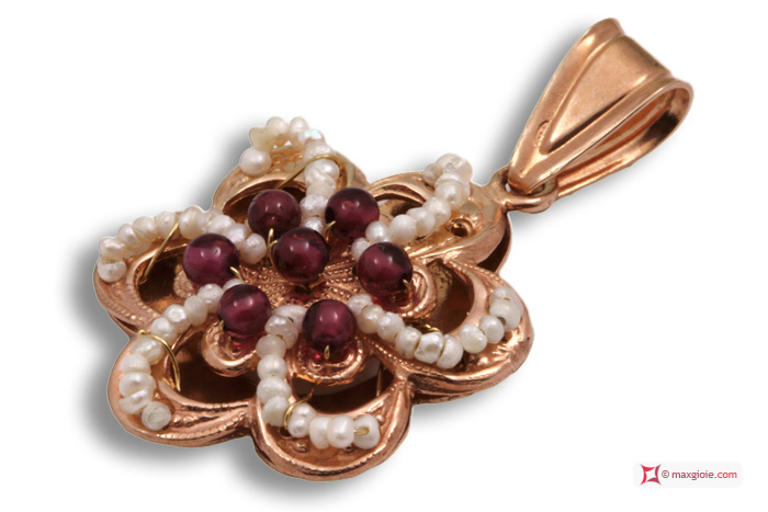 MAXGIOIE - Pendente Vintage Toppa [Granato, Perle] in Argento 925 placcato Oro