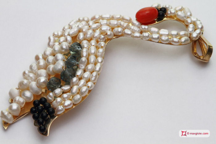 MAXGIOIE - Pendente cigno [Perle, Corallo, Onice, Cristallo] in Argento placcato Oro