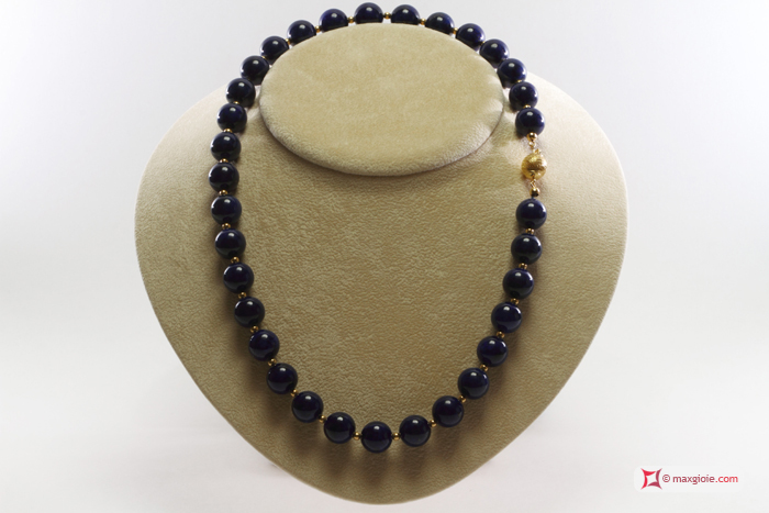 MAXGIOIE - Collana Lapislazzuli Extra 12mm in Oro 18K con pallini 3mm Oro