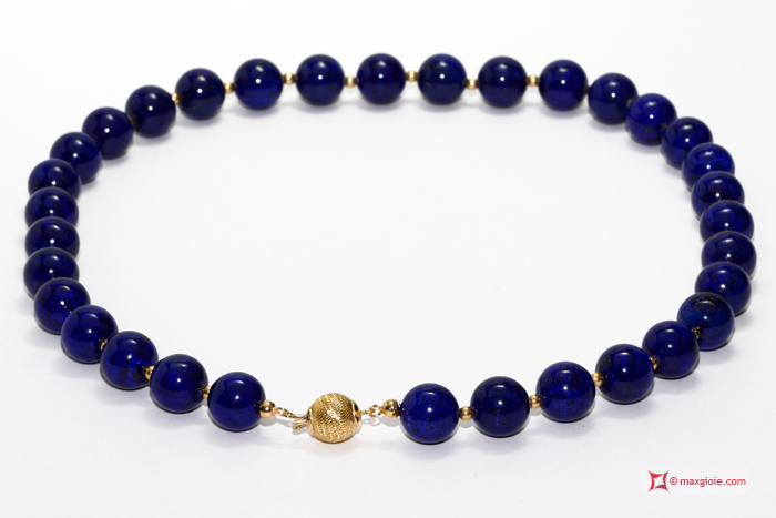 MAXGIOIE - Collana Lapislazzuli Extra 12mm in Oro 18K con pallini 3mm Oro