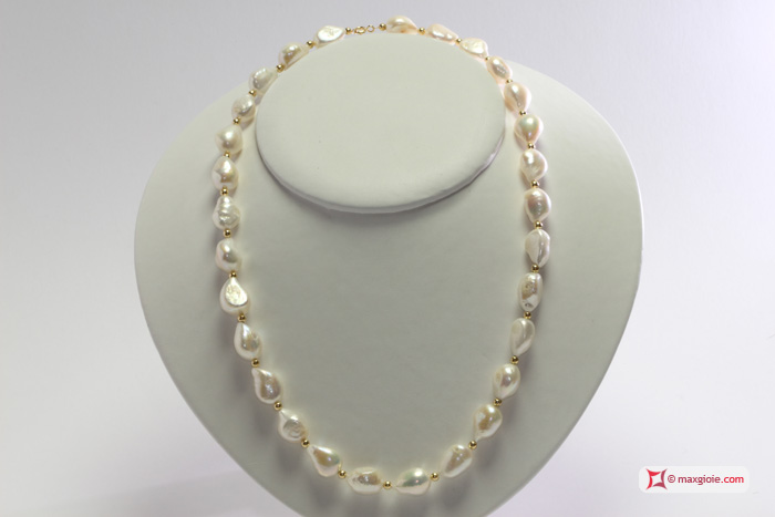 MAXGIOIE - Collana Perle barocche 11-12mm Oro pallini 18Kt