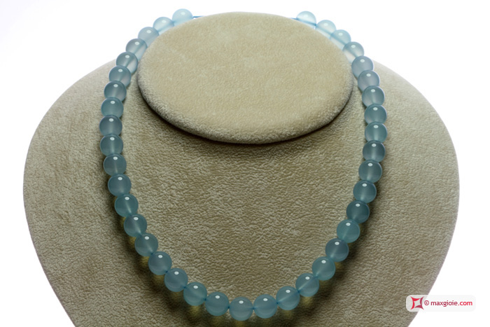 MAXGIOIE - Collana Calcedonio Sea Blue Extra pallini 10mm in Oro 18K