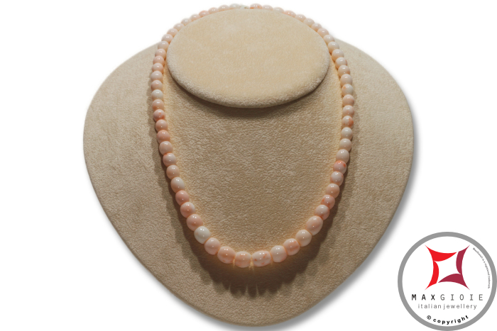 MAXGIOIE - Collana Corallo bianco rosato Extra barilotti graduati 6-10mm in Oro 18K