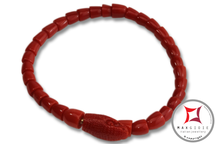 MAXGIOIE - Bracciale Corallo rosso del Mediterraneo Extra incisione serpente in Oro 18K