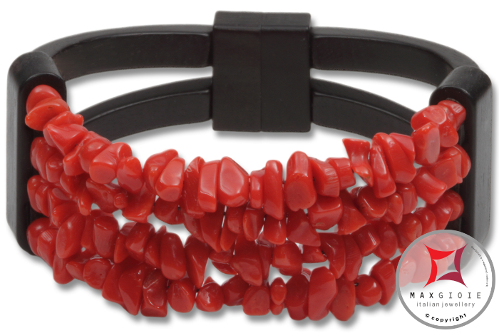 MAXGIOIE - Bracciale Corallo rosso ed Ebano spezzatini 4 fili id1007