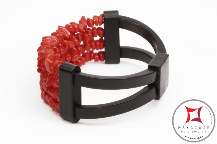Dettaglio - Details MAXGIOIE - Bracciale Corallo rosso ed Ebano spezzatini 4 fili id1007