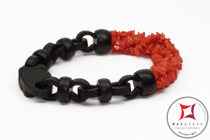 Dettaglio - Details MAXGIOIE - Bracciale Corallo rosso ed Ebano spezzatini 5 fili id1008