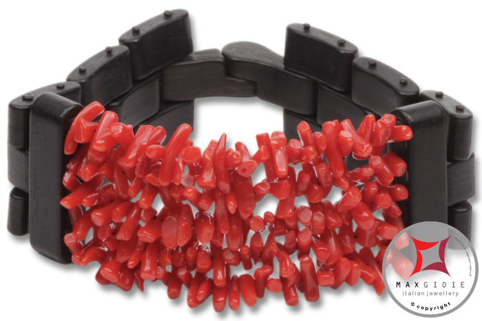 MAXGIOIE - Bracciale Corallo rosso ed Ebano spezzatini 5 fili id1009
