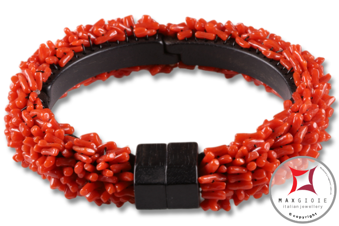 MAXGIOIE - Bracciale Corallo rosso ed Ebano spezzatini 5 fili id1010