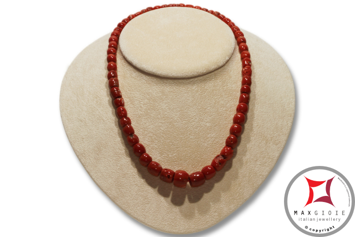 MAXGIOIE - Collana Corallo rosso del Mediterraneo barilotti graduati 5-11mm in Oro 18K