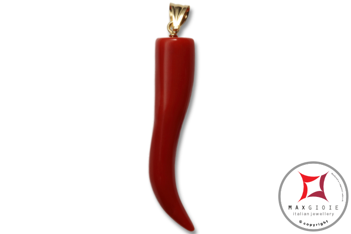 MAXGIOIE - Pendente Corallo rosso Extra cornetto medio design napoletano in Oro 18K id2159