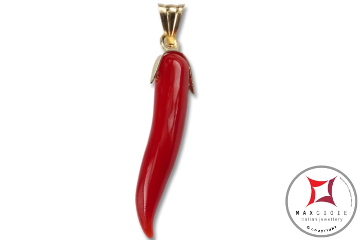 MAXGIOIE - Portafortuna Cornetto Corallo rosso Extra pendente piccolo in Oro 18K id2240