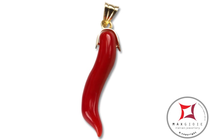 MAXGIOIE - Portafortuna Cornetto Corallo rosso Extra pendente piccolo in Oro 18K id2241