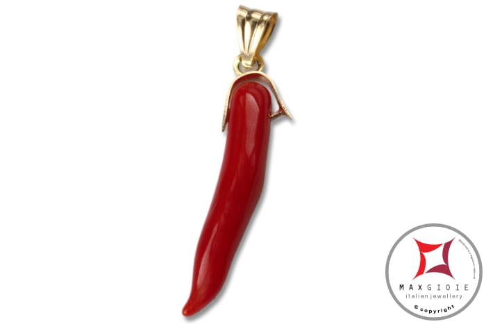 MAXGIOIE - Portafortuna Cornetto Corallo rosso Extra pendente piccolo in Oro 18K id2242